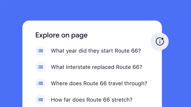 Four results for Explore on page, which include “What year did they start Route 66?” and “How far does Route 66 stretch?”