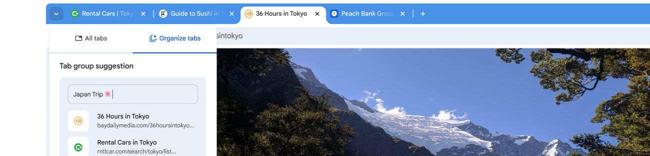 A section of a browser with tabs open about rental cars, sushi, and visiting Tokyo. Below, there is tab group suggestion that says “Vacation” with a palm tree emoji.