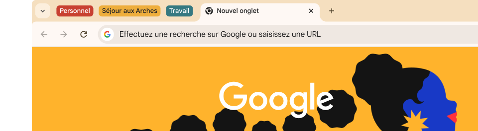 Interface de navigateur montrant trois groupes d'onglets : Personnel, Séjour aux Arches et Travail